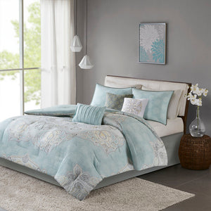 Madison Park Lucinda Global Inspired 7 Piece Reversible Cotton Sateen Comforter Set MP10-5269 Seafoam