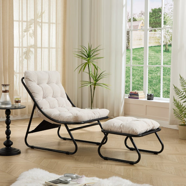 English Elm Patio Sling Lounge Chair with Ottoman Steel Frame Corduroy Cushion Indoor Outdoor W640P443484