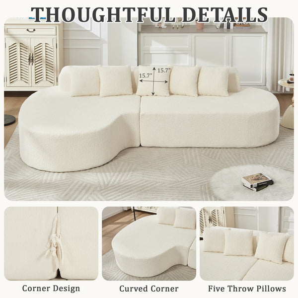 English Elm 110.2 Curved L-Shape Boneless Couch White - Deep-Seat Sectional with 5 Pillows, Memory Foam Comfort W1249S00009