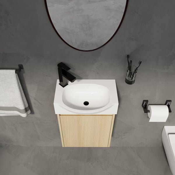English Elm 16" Bathroom Vanity Sink Combo for Small Spaces — Compact Engineered Wood Cabinet with Ceramic Basin, Moisture-Resistant Finish and Hidden Handle, Easy Assembly Oak W1972P190339
