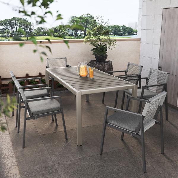 English Elm Christopher Knight Home® - Outdoor 7-Piece Dining Set: Modern Aluminum Chairs With Rope Seating & Faux Wood Table, Gray-Black N768P196697G_60452.00