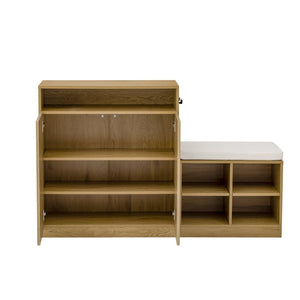 English Elm U_style Entryway Console Set with Wavy Doors Cushioned Bench and Adjustable Shoe Storage N711P345166O