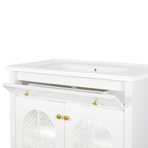 English Elm 35.6" Freestanding Bathroom Vanity with Roman Column Base and Ceramic Integrated Sink White W1801S00001