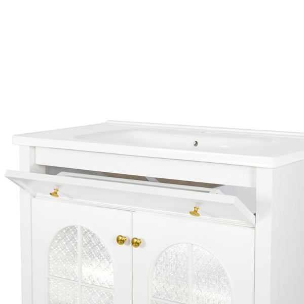 English Elm 35.6" Freestanding Bathroom Vanity with Roman Column Base and Ceramic Integrated Sink White W1801S00001