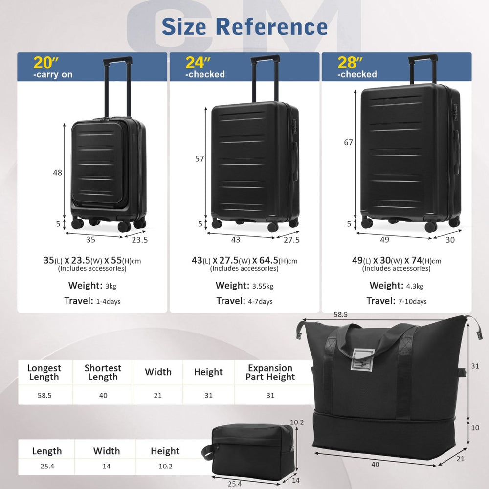 English Elm Luggage 5 Piece Hardside Abs Set with Front Access Carry on and Tsa Spinner Wheels Black N732P391544B