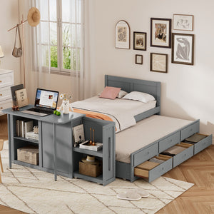 English Elm Twin Size Multifunctional Wood Platform Bed With Desk and Storage Shelf At The End Of The Bed, Built-In Trundle and 3 Drawers, Gray