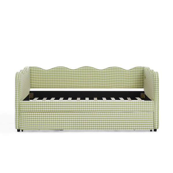 English Elm Cozy Twin Gingham Daybed with Trundle Sofa Bed, Linen Upholstery, USB Port, Wave Frame Design Green W1413S00100