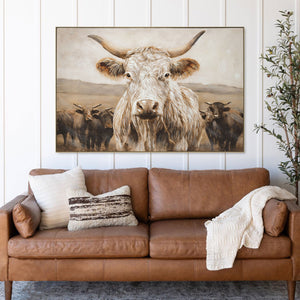 English Elm White White Highland Cow Canvas Wall Art - Framed Solid Wood Minimalist Farmhouse Print for Living Room Bedroom Décor Gift W3374P322232