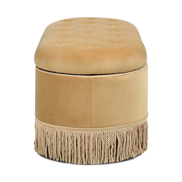 English Elm Jennifer Taylor Home - Melinda Oval Tufted Storage Bench with Bullion Fringe, Gold Velvet Upholstery, Vintage Charm Yellow B2719P238471