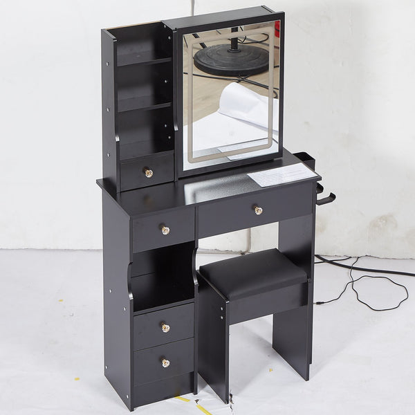 English Elm 29.2" Compact Left Drawer Vanity Table Set With Led Mirror, Power Station, & Cushioned Stool For Style W936P226037