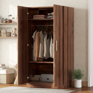 English Elm 2-Door Pine Wood Wardrobe Armoire with Rod & 3 Shelves, Brown Grain Finish—Sturdy 300lb Capacity GX001833AAD