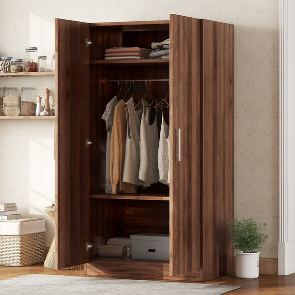 English Elm 2-Door Pine Wood Wardrobe Armoire with Rod & 3 Shelves, Brown Grain Finish—Sturdy 300lb Capacity GX001833AAD