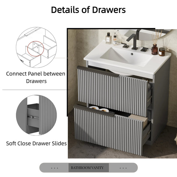 English Elm Christopher Knight Home® - 30" Fluted Gray Bathroom Vanity With Glossy Ceramic Sink & Soft-Close Drawers For Modern Spaces N817P288915G