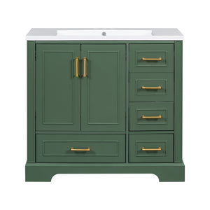 English Elm 36-inch Green Traditional Bathroom Vanity with Resin Sink, 2 Doors 4 Drawers, Gold Handles, Soft-Close hinges, 36"W x 18"D x 34"H SV000026AAF