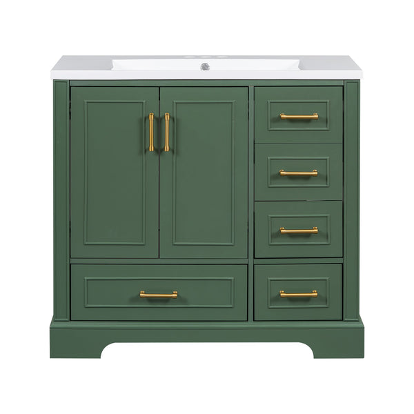 English Elm 36-inch Green Traditional Bathroom Vanity with Resin Sink, 2 Doors 4 Drawers, Gold Handles, Soft-Close hinges, 36"W x 18"D x 34"H SV000026AAF