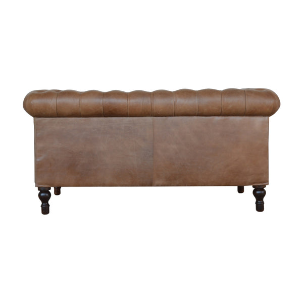 English Elm Solid Buffalo Leather Chesterfield 2-Seater Sofa in Brown Buffalo Hide, Solid Mango Wood Legs, Deep Tufted Classic Appeal B182P279308