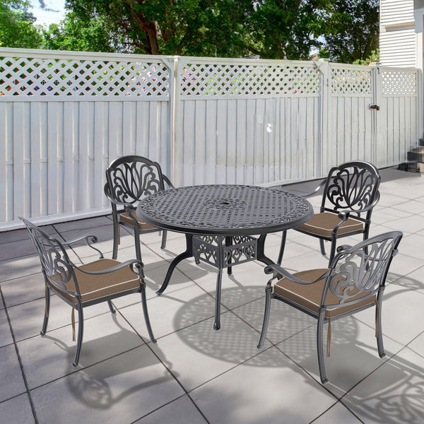 English Elm 5-Piece Durable Cast Aluminum Patio Furniture Set With Brown Cushions For Cozy Outdoor Dining W1710S00133