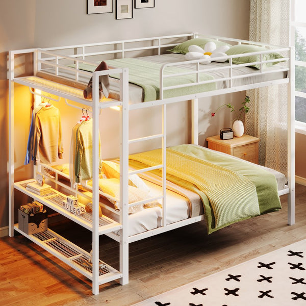 English Elm Full Size Metal Bunk Bed With Led Lights, Storage Shelves & Hooks - Stylish Space-Saver In White N7090000667K