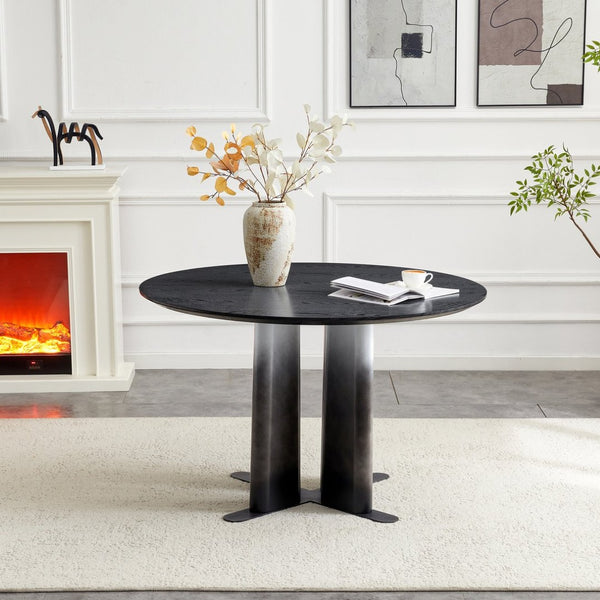 English Elm Round Mdf Dining Table with Gradient Cross Base Compact Modern Seating for Small Spaces Black W3875S00029