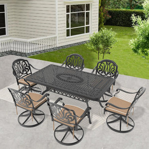 English Elm 7-Piece All-Weather Cast Aluminum Dining Set With Swivel Chairs, Table, Cushions & Umbrella Hole W1710S00465