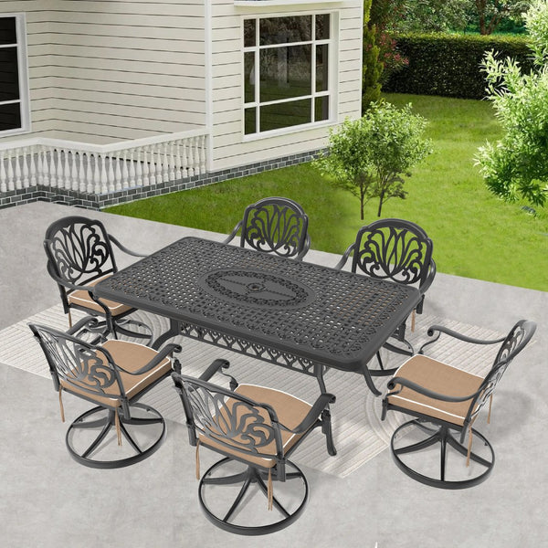 English Elm 7-Piece All-Weather Cast Aluminum Dining Set With Swivel Chairs, Table, Cushions & Umbrella Hole W1710S00465