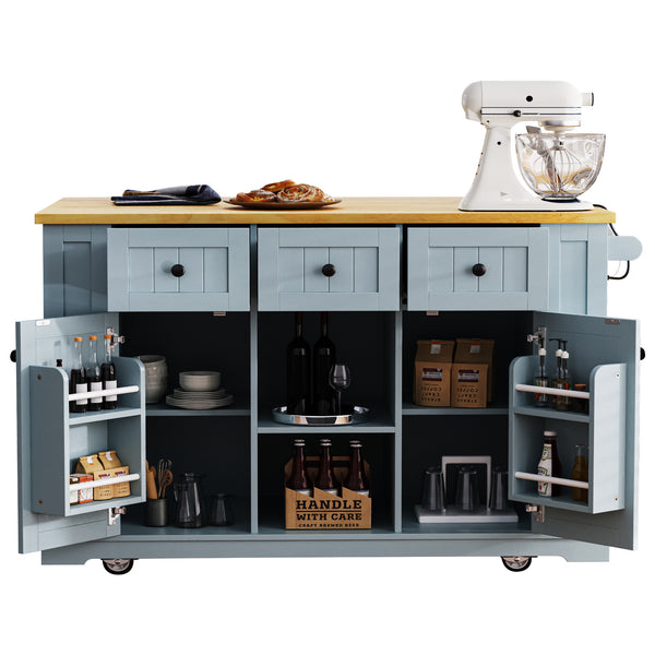 English Elm K&K 53" Large Kitchen Island with 2 Stools, Built-In Power Station, Wheels, Drop Leaf & Ample Storage Grey-Blue N707S000007G