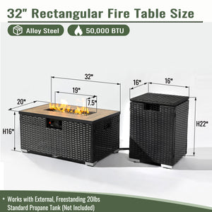 English Elm 32" Outdoor Propane Fire Pit Table with Ceramic Top, 50,000 BTU Stainless Steel Burner, Wicker Base and Tank Cover Dark Gray W853P202194