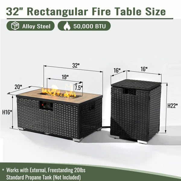 English Elm 32" Outdoor Propane Fire Pit Table with Ceramic Top, 50,000 BTU Stainless Steel Burner, Wicker Base and Tank Cover Dark Gray W853P202194