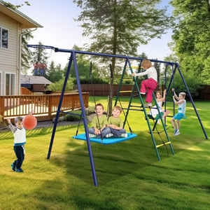 English Elm 6 Activity Steel A-frame Backyard Swing Set with Hammock Glider Climbing Net Hoop W1408P367264