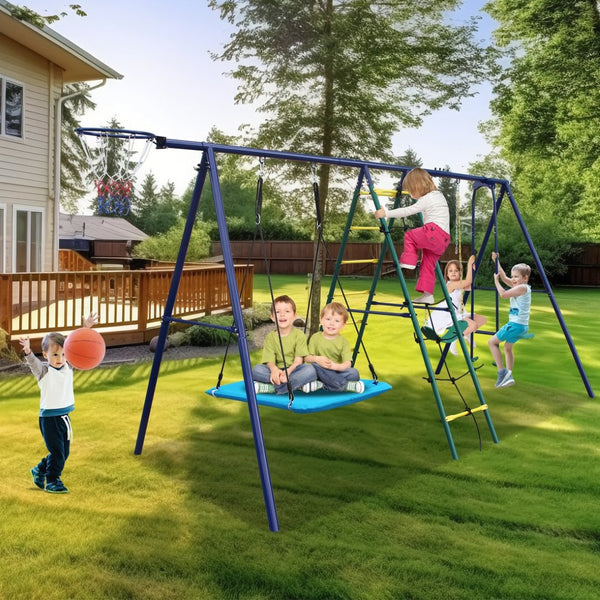 English Elm 6 Activity Steel A-frame Backyard Swing Set with Hammock Glider Climbing Net Hoop W1408P367264