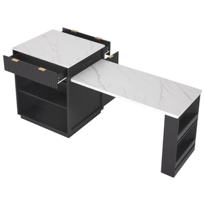 English Elm K&K Fluted Kitchen Island with Extendable Dining Table, Art Deco Mid-Century Design, Built-In Power Hub, Gold Handle Black N707S000018B