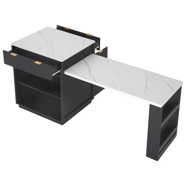 English Elm K&K Fluted Kitchen Island with Extendable Dining Table, Art Deco Mid-Century Design, Built-In Power Hub, Gold Handle Black N707S000018B