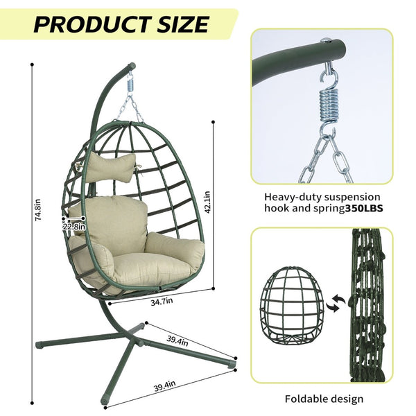 English Elm Egg Hanging Chair with Stand Pe Rattan Swing Seat Washable Cushion Patio Bedroom T5880P497440