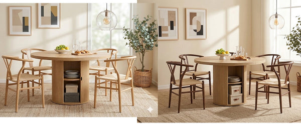 English Elm 4-piece Round Pedestal Dining Set with Woven Wishbone Chairs and Fluted Column Base Natural Wood,Wood W2920S00141