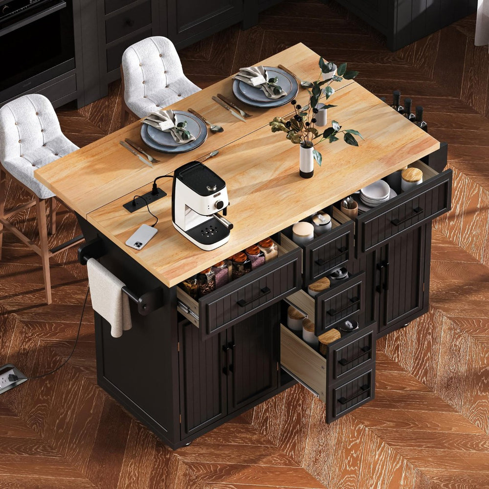 English Elm K&k Farmhouse Rolling Kitchen Island Drop Leaf Power Outlet Five Drawers Cabinet Storage Black N707S263094B