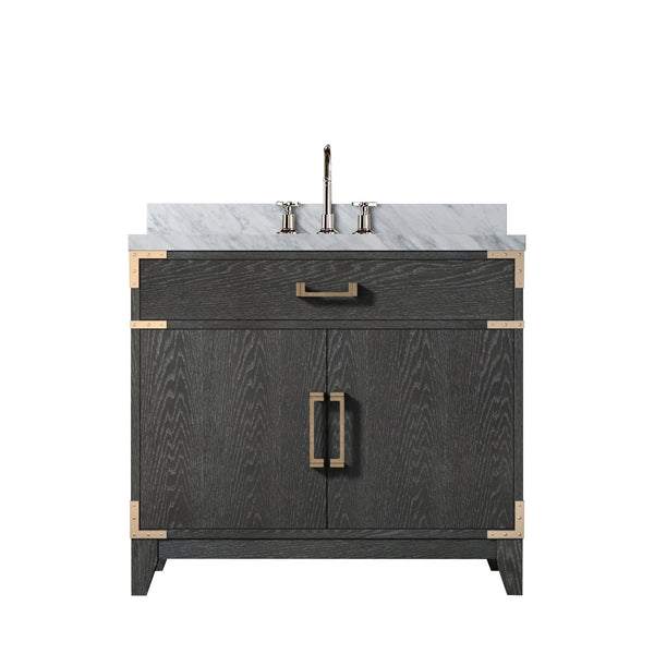 English Elm Black Oak Single-Sink Vanity 36" W With Carrara Marble Top & Chrome Faucet Set For Elegant Storage B2731P260918