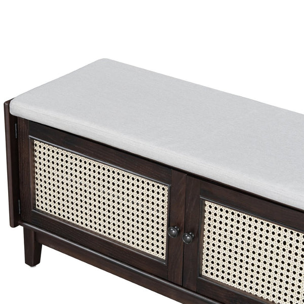 English Elm Trexm Bohemian Rattan Storage Bench Cushioned Seat Shoe Cabinet for Entryway Beige,Espresso N715P308012P