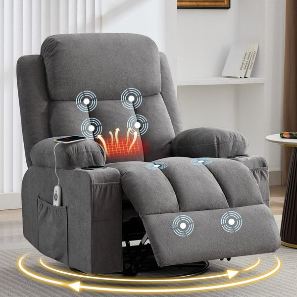 English Elm Swivel Rocker Recliner with Massage Heat and Usb Port for Living Room Comfort W1521P429639