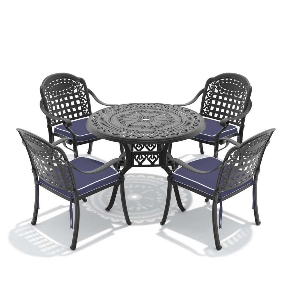 English Elm 5-piece Cast Aluminum Outdoor Dining Set with Ornate Relief Patterned Stackable Chairs W1710S00628