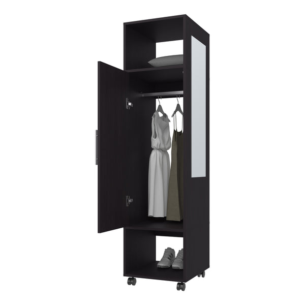English Elm Summit Melamine Wardrobe with Mirror, Door & Open Storage in Black — Sleek Space-Saving Closet Organizer B128P225196