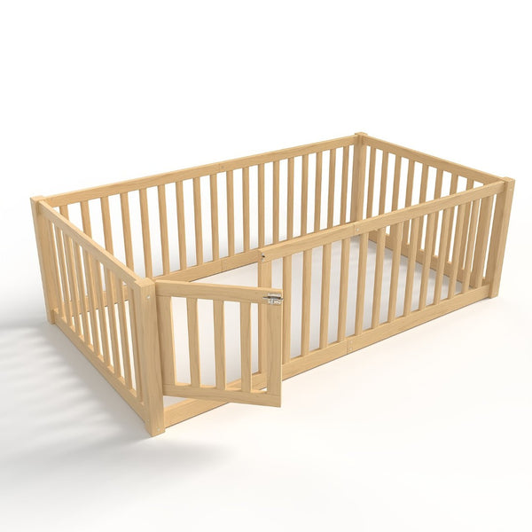 English Elm Twin Floor Bed Pine Wood Frame with Guardrails and Door for Safe Toddler Sleep Natural W1580P417669