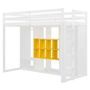 English Elm Twin Loft Bed with Wardrobe Shelves and Cabinet Kids Bedroom Wood Storage Frame Yellow+White N708S00023K