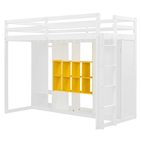English Elm Twin Loft Bed with Wardrobe Shelves and Cabinet Kids Bedroom Wood Storage Frame Yellow+White N708S00023K