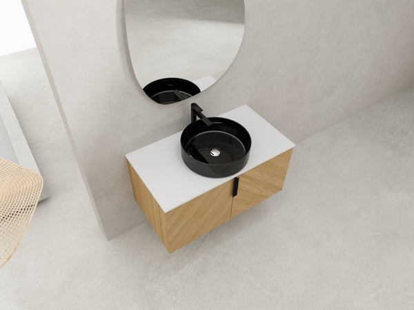 English Elm 36" Modern Wall-Mounted Bathroom Vanity With Ceramic Vessel Sink & Soft-Close Doors, Light Oak Finish W999S00452