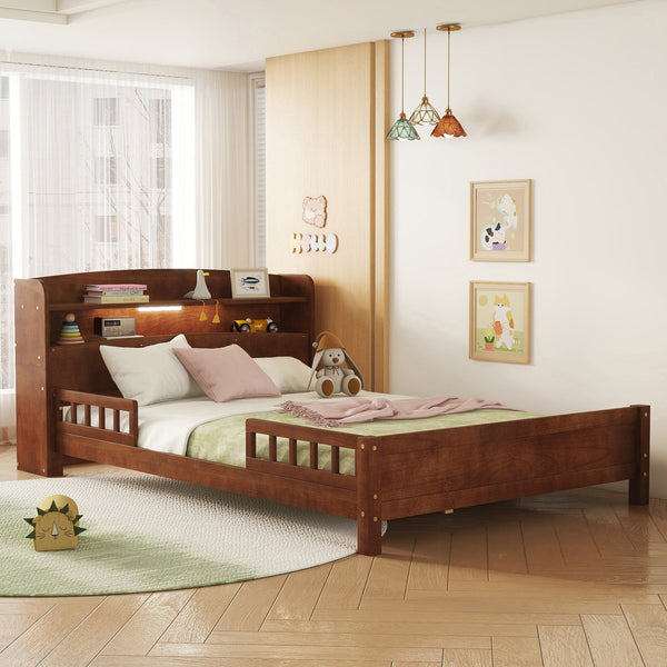 English Elm Full Pine Wood Bed with Bookcase Headboard, LED Motion Sensor, Guardrails & Ample Walnut Storage W504P281004