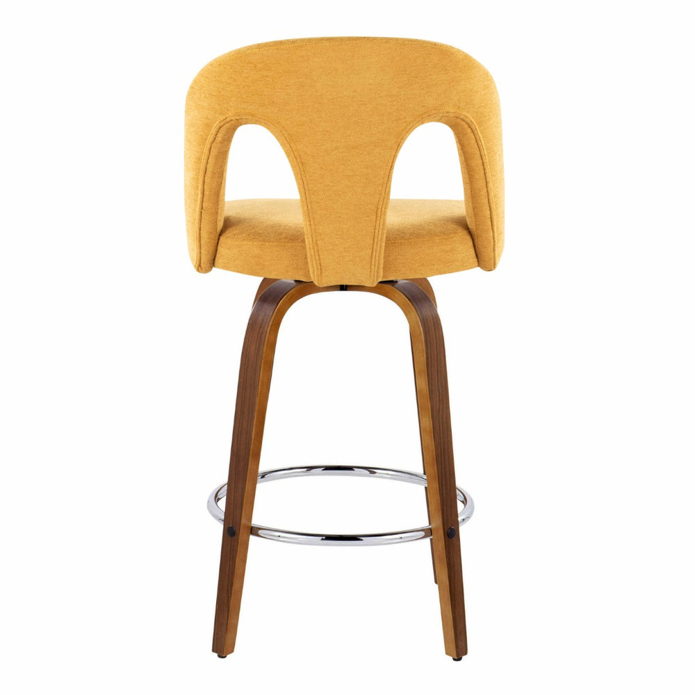 English Elm Fixed-height Swivel Counterstools Walnut Bentwood Legs Yellow Upholstery Chrome Footrest Pair B202S01797