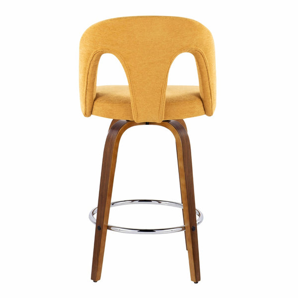 English Elm Fixed-height Swivel Counterstools Walnut Bentwood Legs Yellow Upholstery Chrome Footrest Pair B202S01797