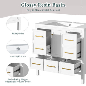 English Elm 36'' Bathroom Vanity with Resin Sink, Solid Wood Frame, 5 Drawers, Soft-Close Doors, Gold Knobs, Spacious Storage White SW000142AAK-1