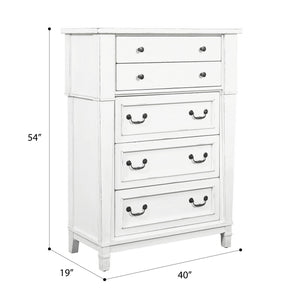 English Elm Wallace & Bay - White Farmhouse 5-Drawer Chest in Weathered White Finish — Spacious, Durable Wood Storage (54"H) B361P384450