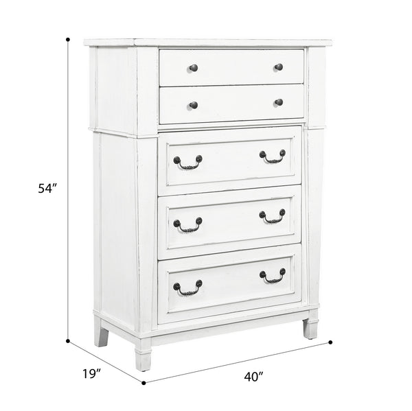English Elm Wallace & Bay - White Farmhouse 5-Drawer Chest in Weathered White Finish — Spacious, Durable Wood Storage (54"H) B361P384450